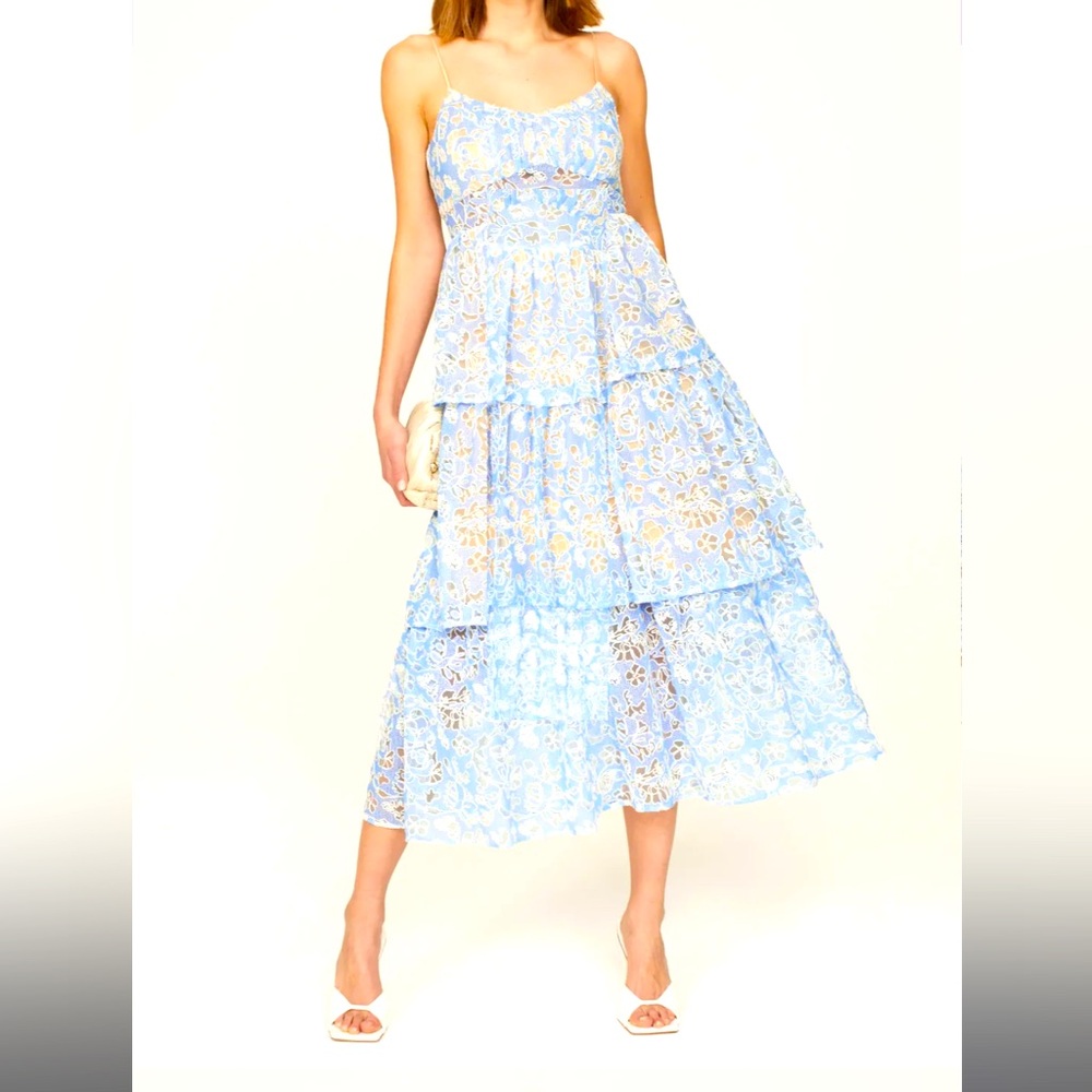 NWT Likely Santos Dress Blue & White Tiered Spaghetti Strap Lace Midi Sz 4
